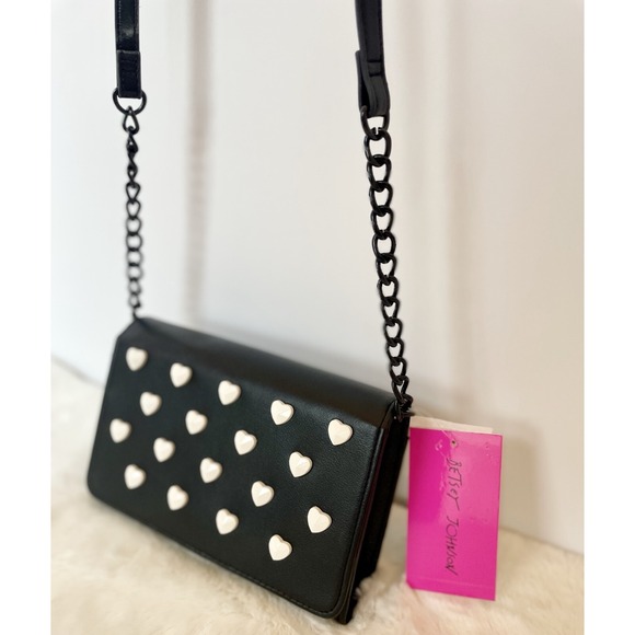 Betsey Johnson XOSYBIL Black Faux Leather Crossbody Bag White Heart Studs - Picture 2 of 11